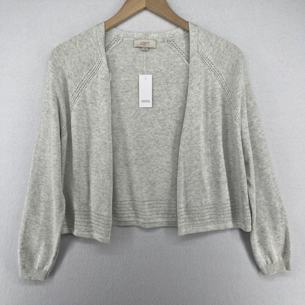 LOFT Sweater M Lightweight Open Front Cardigan Cropped Pointelle Cotton Gray NEW
